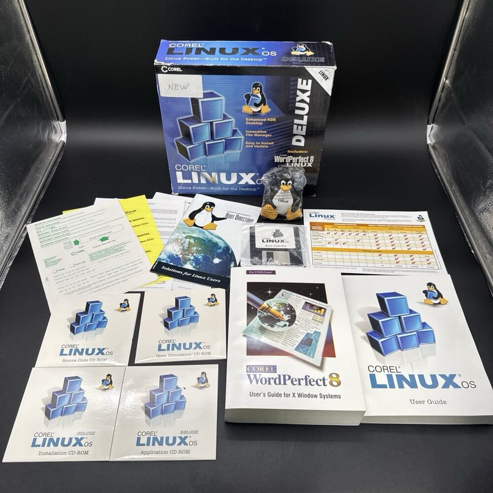 Corel Linux OS Deluxe PC File Manager Big Box 1999 w/ Linux Penguin Open Box